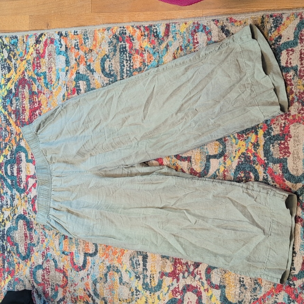 Tahari Linen Wide Leg Cropped Pants Size Medium Green